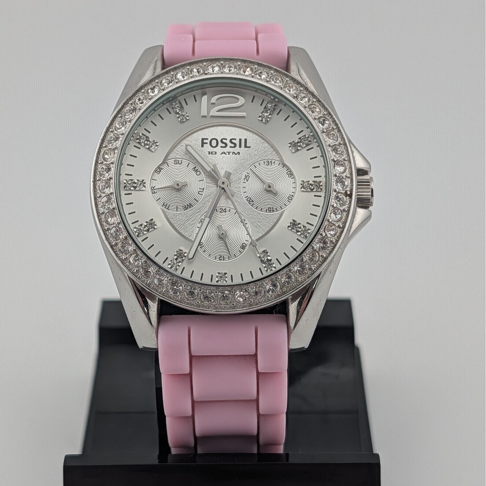 Fossil Riley ES2346 Pink Silicone Crystal Bezel Multifunction Watch